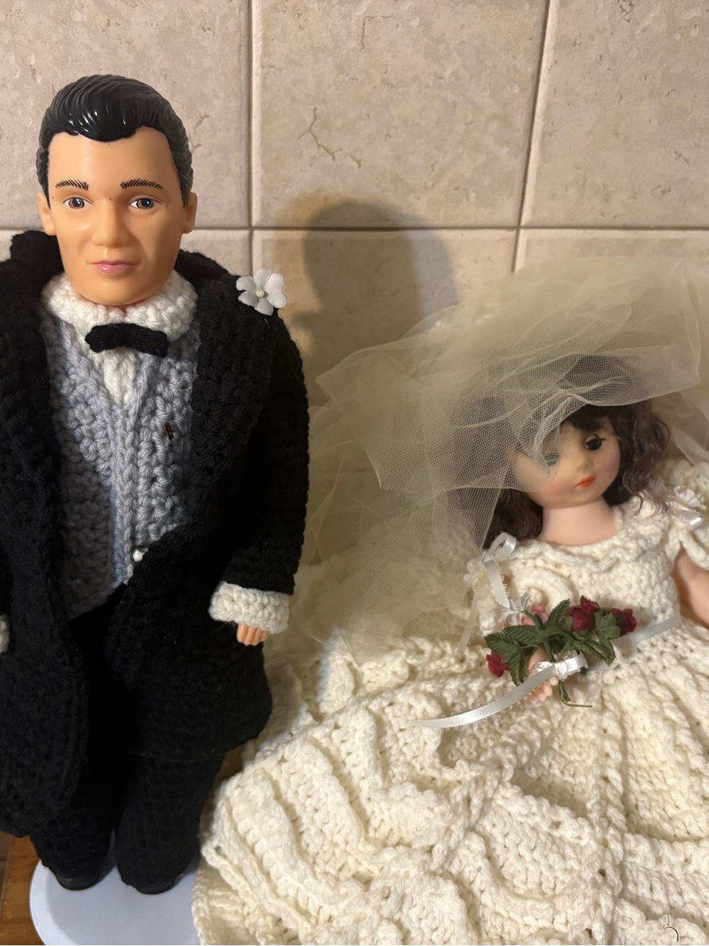 Handmade Crochet Bride and Groom Doll Set - Cream & Black
